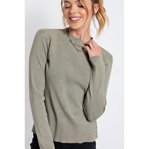 Easel Olive Mineral Washed Rib Knit Mock Neck Lettuce Trim Edge Fitted Slim Top - Picture 1 of 5